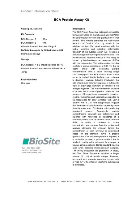 Product Information Sheet BCA Protein Assay Kit - Nordic Biosite