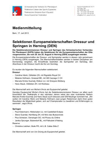 Medienmitteilung Selektionen Europameisterschaften Dressur und ...