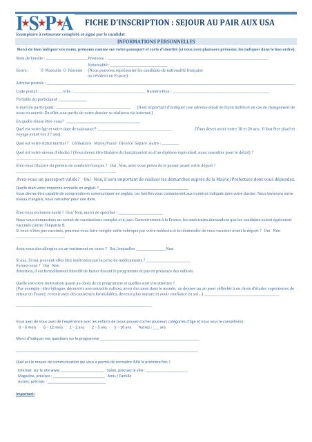 USA - Questionnaire Au Pair - ISPA