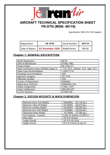 Aircraft Technical Specification Sheet Yr Otn Msn Jetran Air
