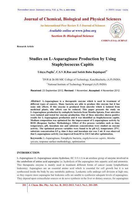 Studies on L-Asparaginase Production by Using Staphylococcus ...