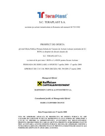 Prospect de oferta publica initiala Teraplast - Kmarket.ro