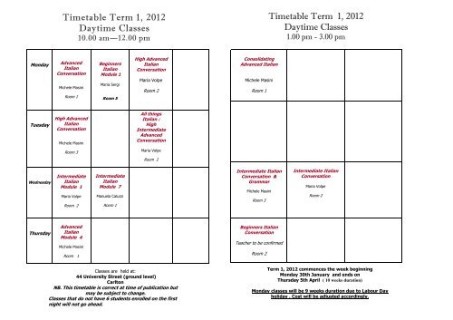 Timetable Term 1, 2012 Daytime Classes Timetable Term 1, 2012 ...