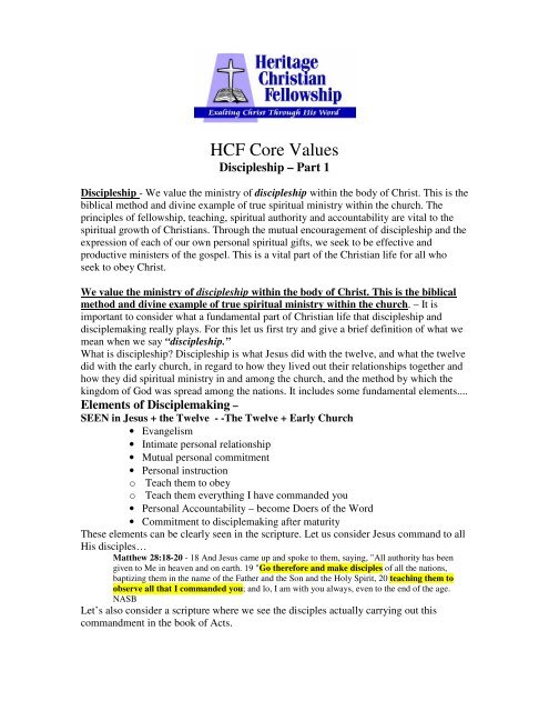 PDF | Core Values - Discipleship Part I Handout - Heritage Christian ...