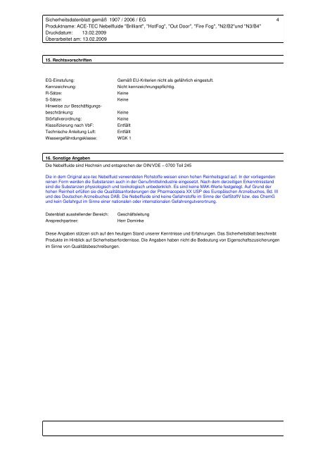 Sicherheitsdatenblatt Nebelfluide - Allgemein - Ace-Tec