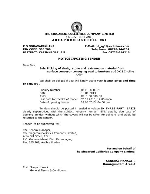 NOTICE INVITING TENDER Ramagundam Area-I - SCCL Home Page