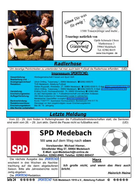 SPORTECHO Nr.281,Ausgabe 07/2008 - Tus Medebach 1919 e.V.