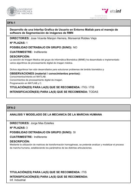 Oferta PFCs tipo A curso 2009/2010 ITIG/ITIS - Escuela TÃ©cnica ...