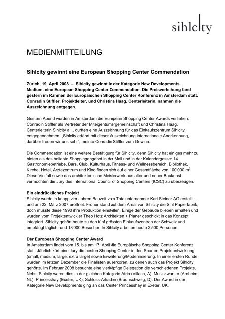 Medienmitteilung vom 17. April 2008 - Sihlcity