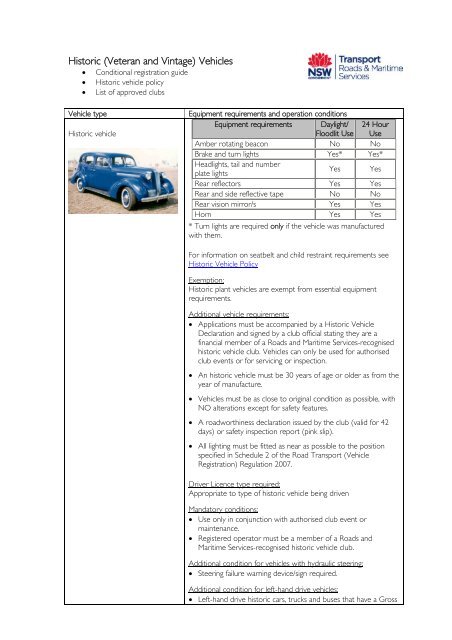 Historic Vehicle Club policy, vehicle sheet and list of approved ... - RTA