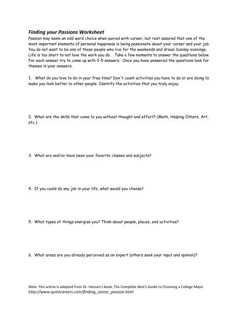 Finding Your Passions Worksheet 