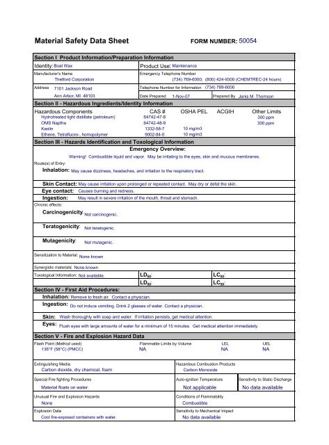 Material Safety Data Sheet FORM NUMBER - Fiberglass Supply