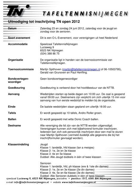 Uitnodiging tot inschrijving TN open 2012 - Tafeltennis Nijmegen