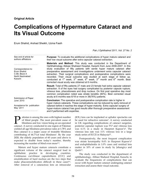 Complications of Hypermature Cataract and Its Visual Outcome