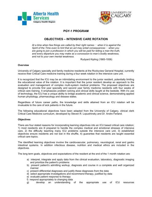 pgy-1 program objectives â intensive care rotation - Faculty of ...