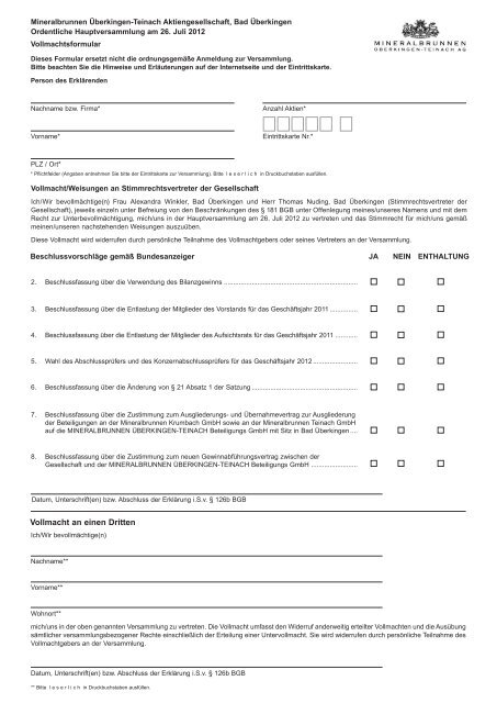 Vollmachtsformular - Investor-relations.mineralbrunnen-ag.de