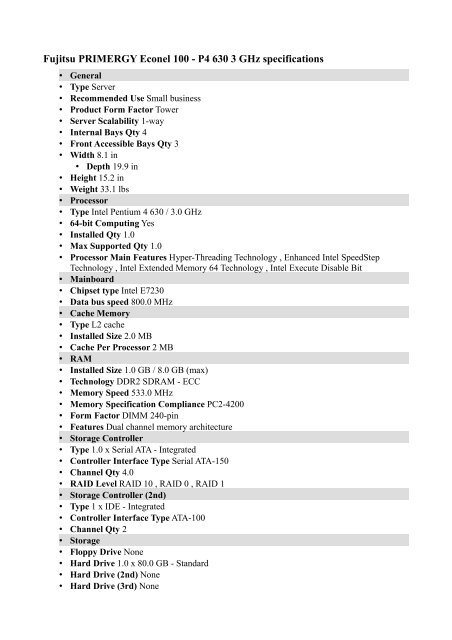 Fujitsu PRIMERGY Econel 100 - P4 630 3 GHz specifications