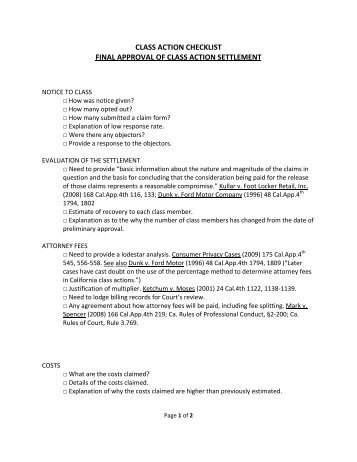 class action checklist final approval of class action settlement