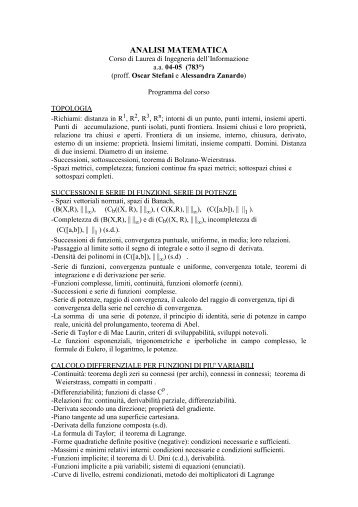 ANALISI MATEMATICA - Metodi e Modelli matematici per le scienze ...