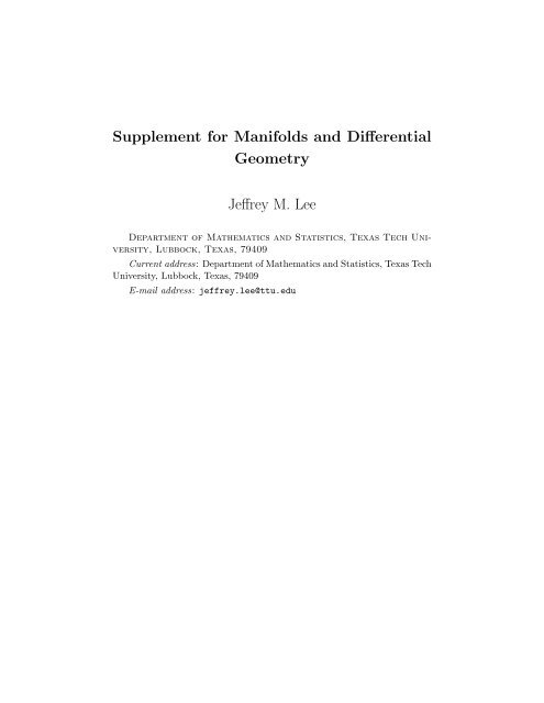 Supplement for Manifolds and Differential Geometry Jeffrey M. Lee