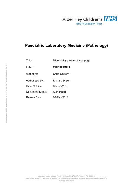 Microbiology Guide - Alder Hey Childrens Hospital