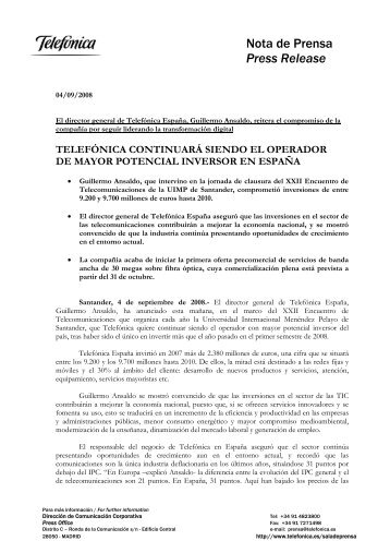 Nota de Prensa Press Release - Sala de prensa - Telefonica