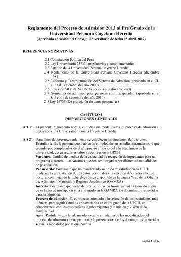 Reglamento del Proceso de AdmisiÃ³n 2013 al Pre Grado de ... - UPCH