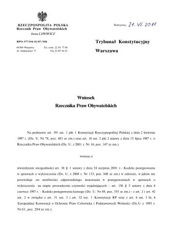 Wniosek Rzecznika Praw Obywatelskich Trybunał Konstytucyjny ...