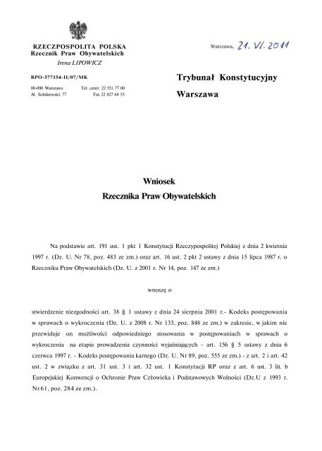 Wniosek Rzecznika Praw Obywatelskich Trybunał Konstytucyjny ...