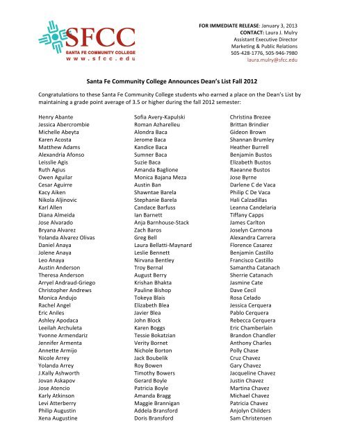 SFCC Announces Dean's List Fall 2012 - Santa Fe Community ...
