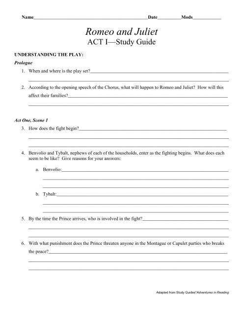 Romeo and Juliet study guide - ACT I