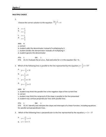 Algebra 1 MULTIPLE CHOICE 1. Choose the correct ... - BISD Moodle