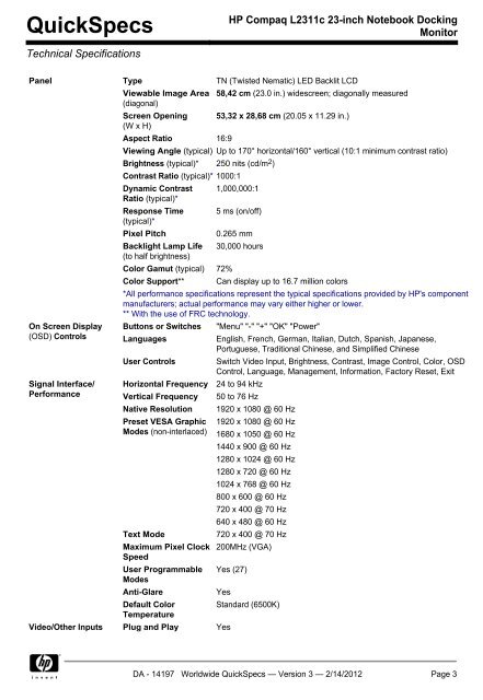 HP Compaq L2311c 23-inch Notebook Docking Monitor