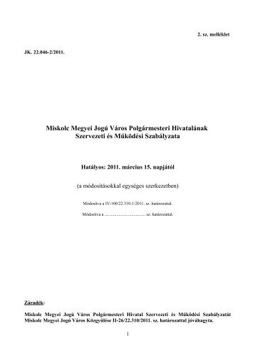 Miskolc Megyei JogÃº VÃ¡ros PolgÃ¡rmesteri HivatalÃ¡nak Szervezeti ...