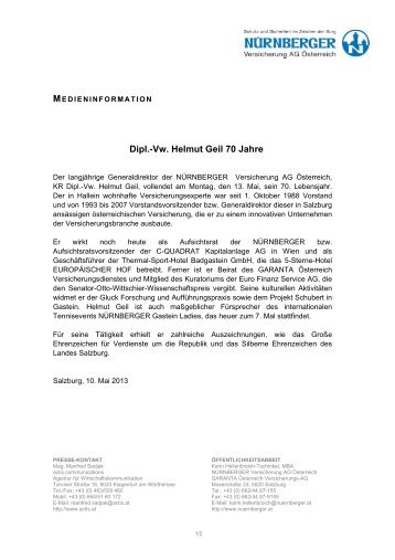 Dipl.-Vw. Helmut Geil 70 Jahre - Nürnberger Versicherung AG