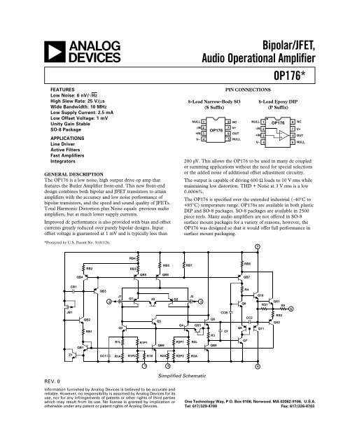 OP176* Bipolar/JFET, Audio Operational Amplifier