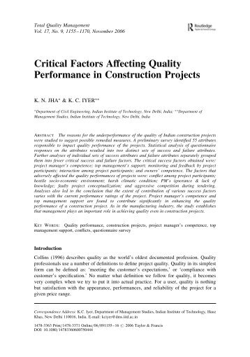 Critical Factors Affecting Quality Performance in Construction Projects