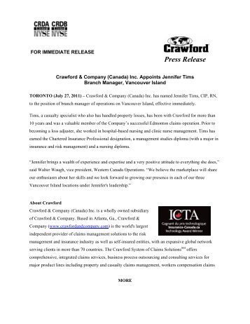 Crawford & Company (Canada) Inc. Appoints Jennifer Tims