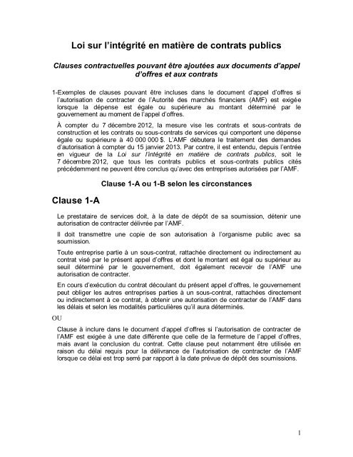 Clauses contractuelles pouvant Ãªtre ajoutÃ©es aux documents d ...