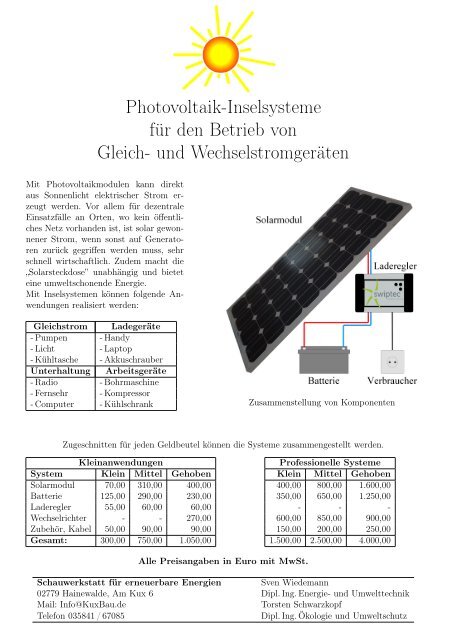 Photovoltaik-Inselsysteme für den Betrieb von Gleich- und ...