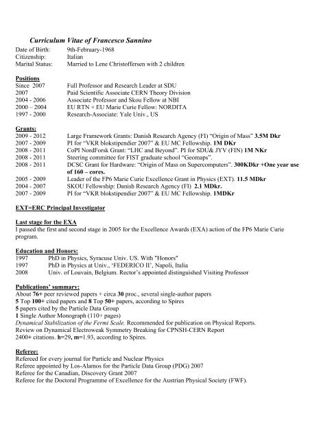 Curriculum Vitae Of Francesco Sannino