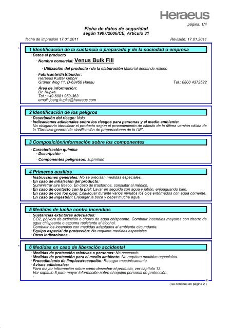 Ficha de datos de seguridad Venus Bulk Fill (PDF) - Heraeus