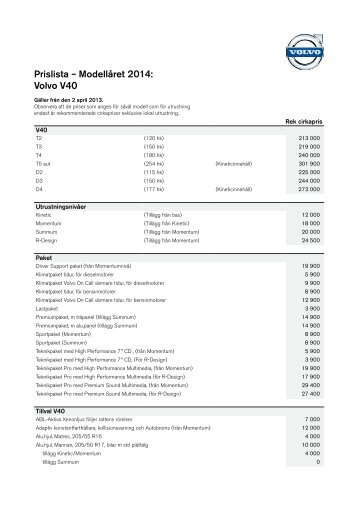 Prislista â ModellÃ¥ret 2014: Volvo V40