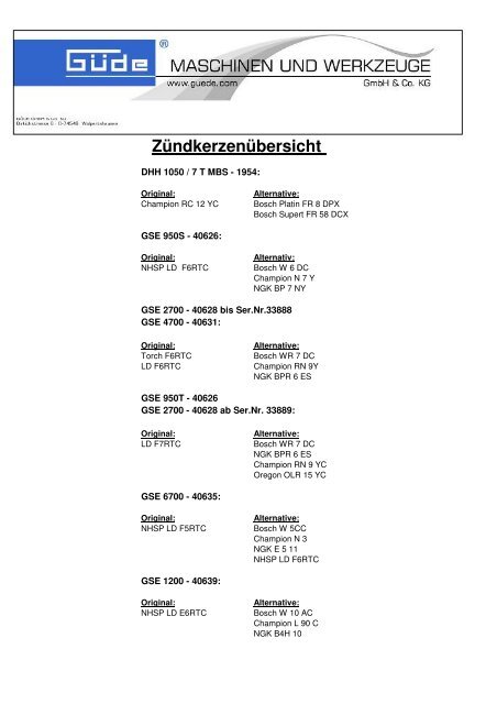 Zundkerzenubersicht
