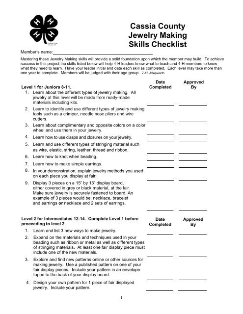 Cassia County Jewelry Making Skills Checklist - University of Idaho ...