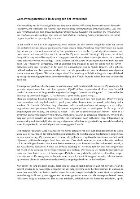 Geen tweesporenbeleid in de zorg aan het levenseinde - Federatie ...