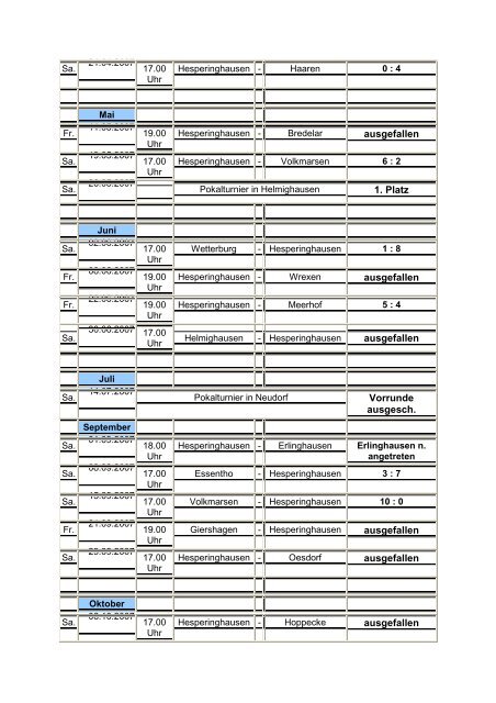 Spielplan 2007 Alte Herren Hesperinghausen - hesperinghausen.de