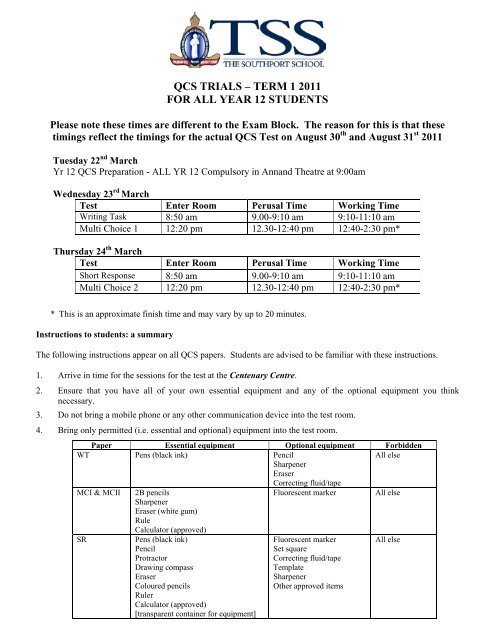 QCS Trial 1 Timetable and Instructions for Students