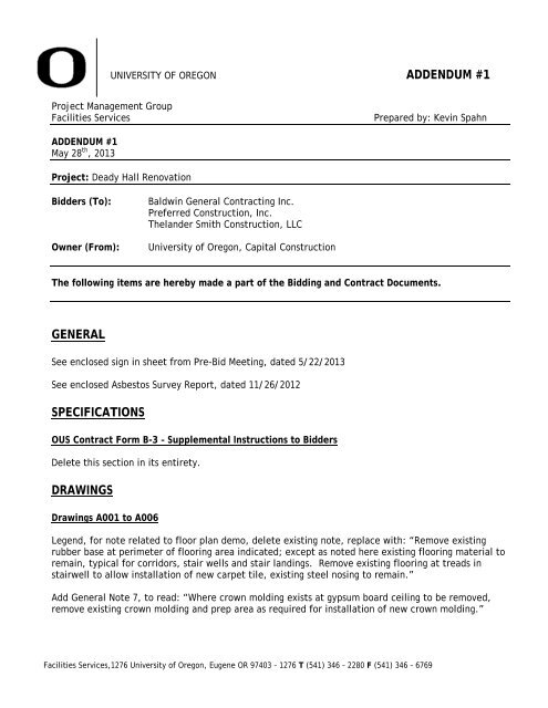 addendum #1 general specifications drawings - Oregon University ...