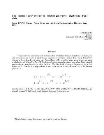 Une méthode pour obtenir la fonction génératrice algébrique ... - arXiv